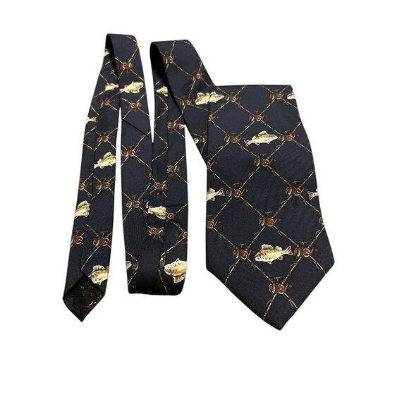 Henri Christian 100% Silk Men's Tie Fish Fishing Pole Graphic Print - Picture 2 of 7